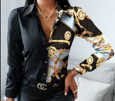Women Elegant Long-sleeved Single-Breasted V Neck Color Block Vintage Blouse