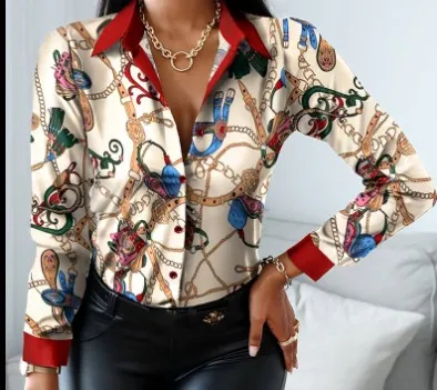 Women Elegant Long-sleeved Single-Breasted V Neck Color Block Vintage Blouse