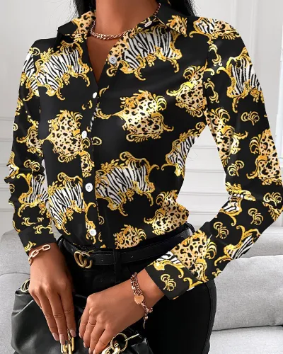 Women Elegant Long-sleeved Single-Breasted V Neck Color Block Vintage Blouse