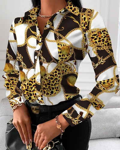 Women Elegant Long-sleeved Single-Breasted V Neck Color Block Vintage Blouse