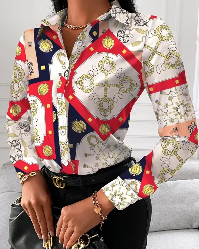 Women Elegant Long-sleeved Single-Breasted V Neck Color Block Vintage Blouse