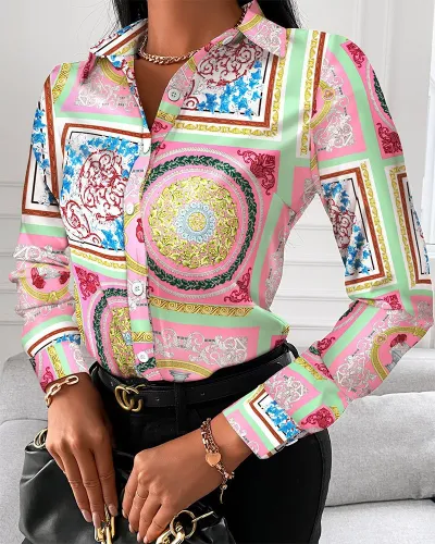 Women Elegant Long-sleeved Single-Breasted V Neck Color Block Vintage Blouse