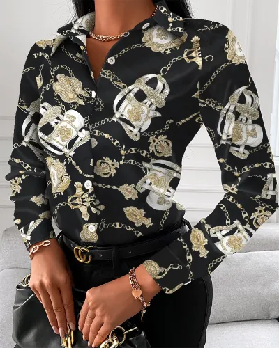 Women Elegant Long-sleeved Single-Breasted V Neck Color Block Vintage Blouse