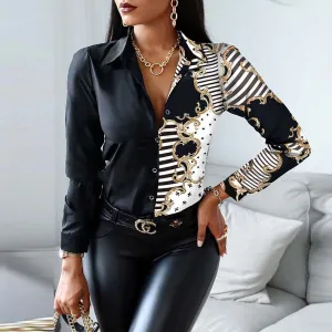 Women Elegant Long-sleeved Single-Breasted V Neck Color Block Vintage Blouse