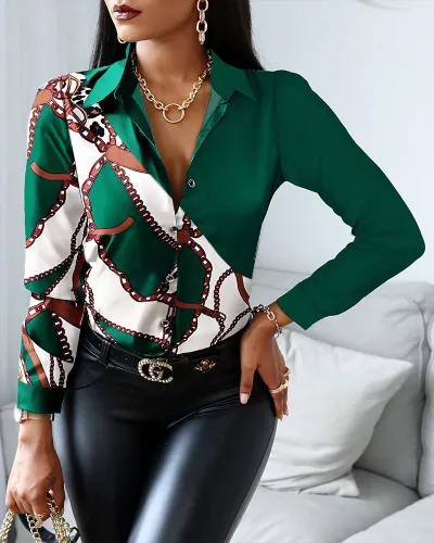Women Elegant Long-sleeved Single-Breasted V Neck Color Block Vintage Blouse
