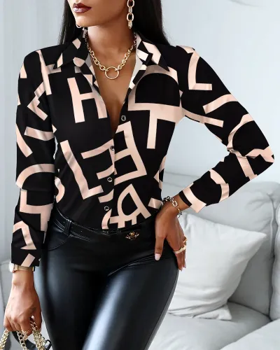 Women Elegant Long-sleeved Single-Breasted V Neck Color Block Vintage Blouse