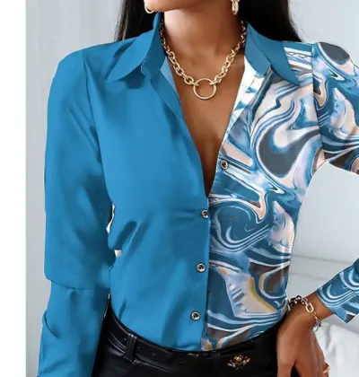 Women Elegant Long-sleeved Single-Breasted V Neck Color Block Vintage Blouse