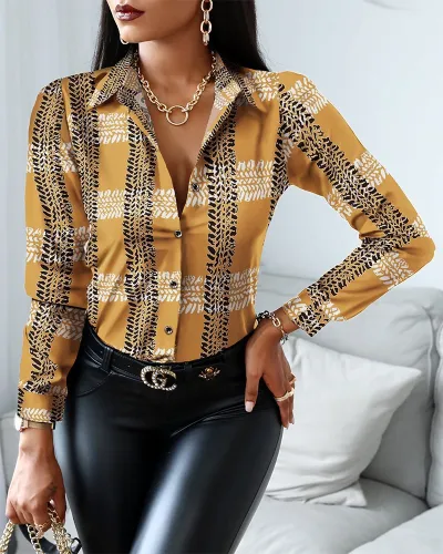 Women Elegant Long-sleeved Single-Breasted V Neck Color Block Vintage Blouse