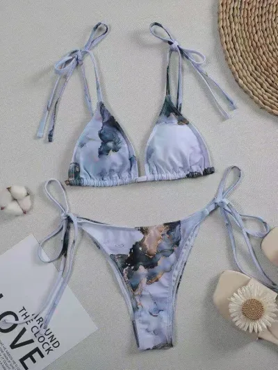 Women Edgy Sexy Marble Tie Dye Sleeveless U Neck High Waist Bikini Swimwear Two Pieces Set