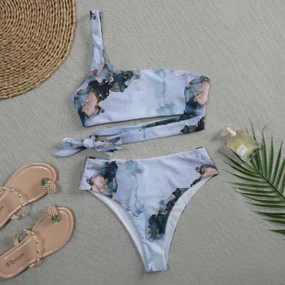 Women Edgy Sexy Marble Tie Dye Sleeveless U Neck High Waist Bikini Swimwear Two Pieces Set