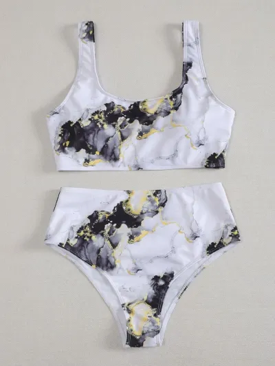 Women Edgy Sexy Marble Tie Dye Sleeveless U Neck High Waist Bikini Swimwear Two Pieces Set