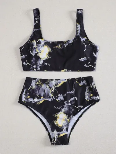 Women Edgy Sexy Marble Tie Dye Sleeveless U Neck High Waist Bikini Swimwear Two Pieces Set