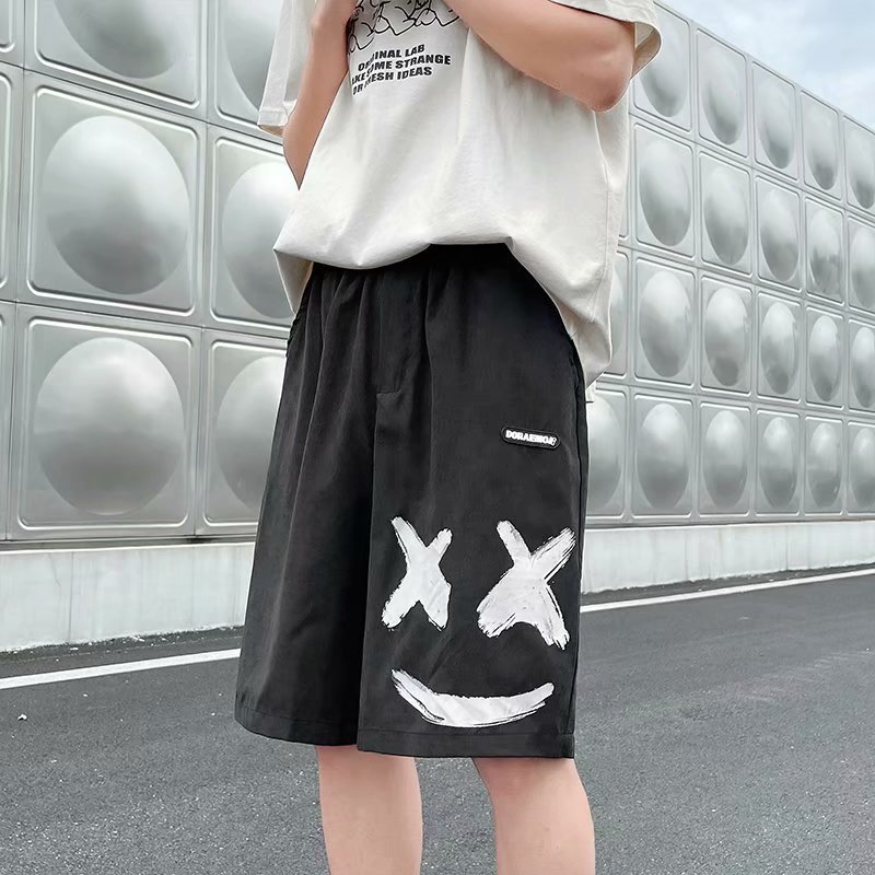 Wholesale Men Casual Mid Waist Smiley Printed Thin Loose Shorts