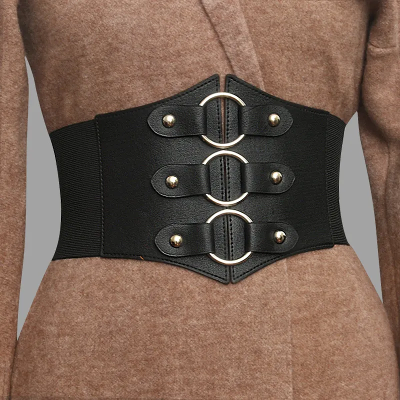 Women Punk Ring Decoration Solid Color PU Leather Dress Wide Belt