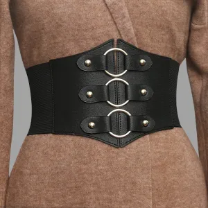 Women Punk Ring Decoration Solid Color PU Leather Dress Wide Belt