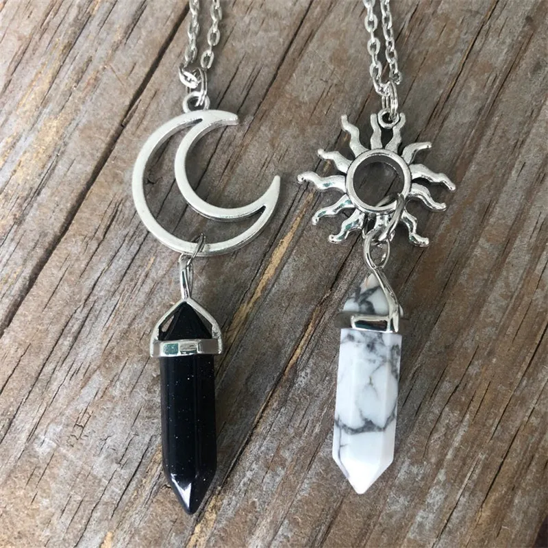 Couple Vintage Sun Moon Shape Crystal Pendant Alloy Necklace Set