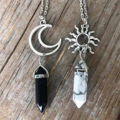 Couple Vintage Sun Moon Shape Crystal Pendant Alloy Necklace Set