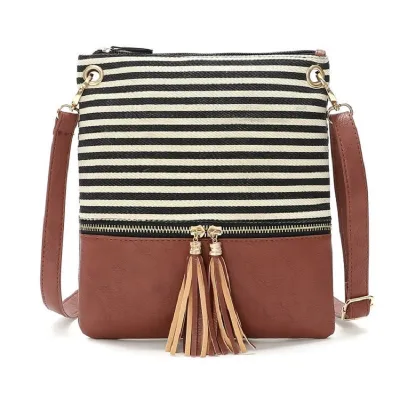 Women Vintage Pendant Tassel Decoration Stripe Pattern Color Blocking Large Capacity Shoulder Handle Bag