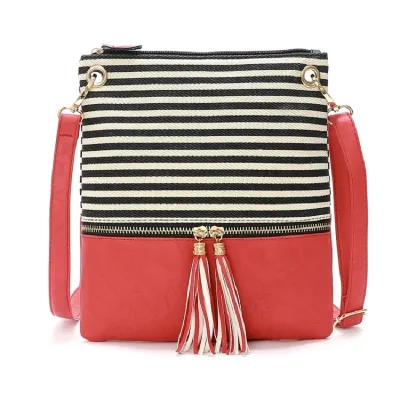 Women Vintage Pendant Tassel Decoration Stripe Pattern Color Blocking Large Capacity Shoulder Handle Bag