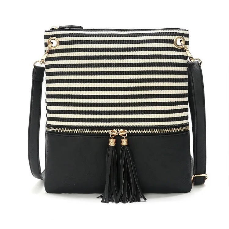 Women Vintage Pendant Tassel Decoration Stripe Pattern Color Blocking Large Capacity Shoulder Handle Bag