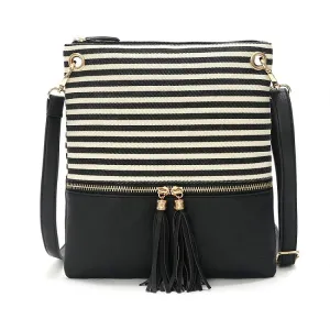 Women Vintage Pendant Tassel Decoration Stripe Pattern Color Blocking Large Capacity Shoulder Handle Bag