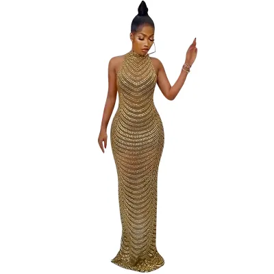 Women Elegant Backless Mesh See-through Evening Party Dress