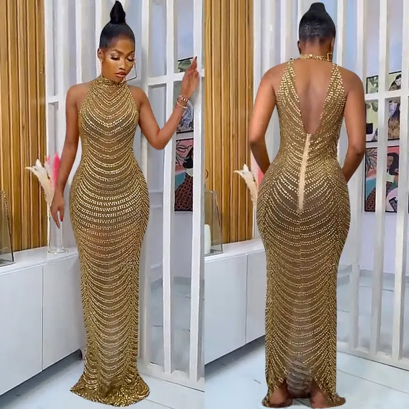 Women Elegant Backless Mesh See-through Evening Party Dress