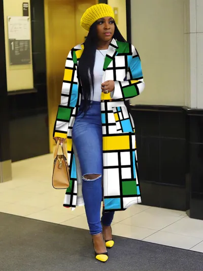 Women Casual Plus Size Plaid Print Double Breasted Lapel Overcoat