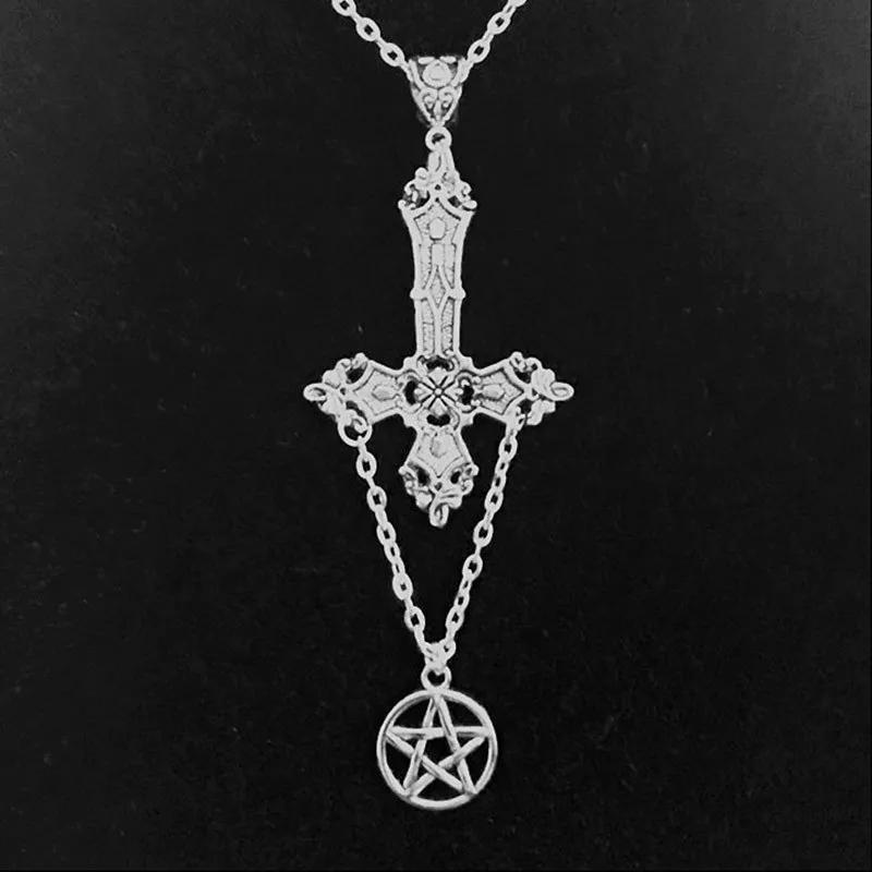 Gothic Vintage Cross Pendant Pentagram Decorative Alloy Women's Necklace