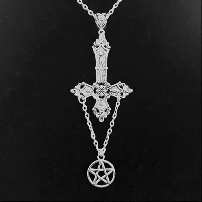Gothic Vintage Cross Pendant Pentagram Decorative Alloy Women's Necklace
