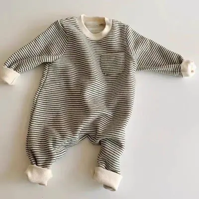 Kids Casual Unisex Cotton Stripe Long Sleeve Jumpsuit with Hidden Button