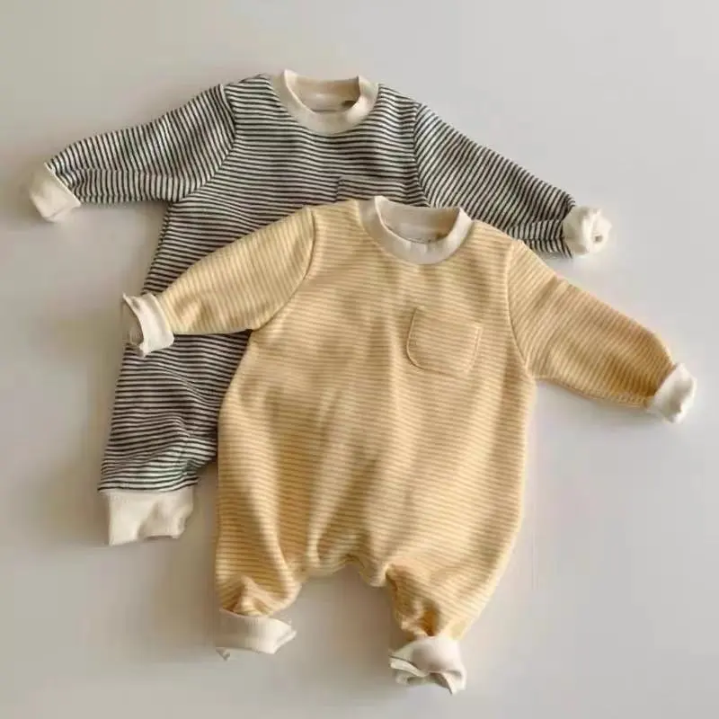 Kids Casual Unisex Cotton Stripe Long Sleeve Jumpsuit with Hidden Button