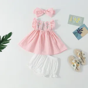 Girls Cute Flower Embroidery Plaid Top and Shorts Set with Headband