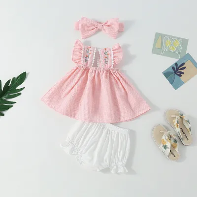 Girls Cute Flower Embroidery Plaid Top and Shorts Set with Headband