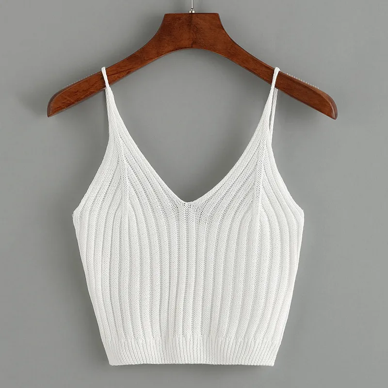 Women Basic Solid Color V Neck Sleeveless Knitted Crop Camisole