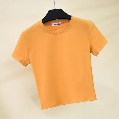 Women Edgy Basic Round Neck Short Sleeve Solid Color Crop Top