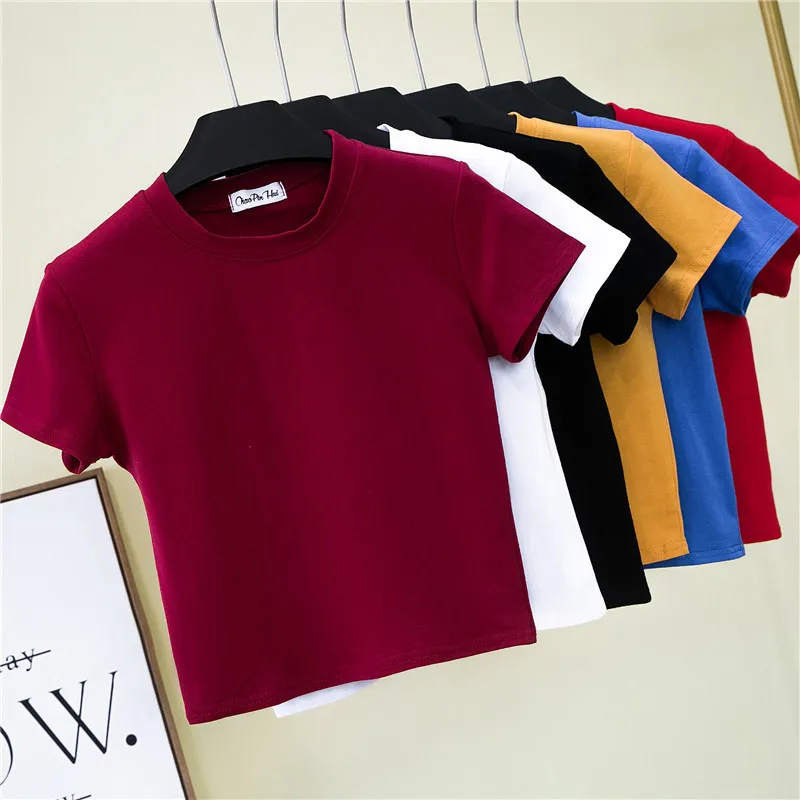 Women Edgy Basic Round Neck Short Sleeve Solid Color Crop Top