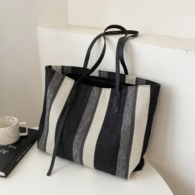 Women Large Capacity Canvas Tote Bag with Color Blocking Vertical Stripes