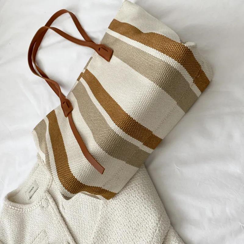 Women Large Capacity Canvas Tote Bag with Color Blocking Vertical Stripes