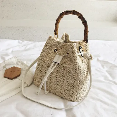 Women Fashion Summer Vintage Woven Drawstring Bucket Bag Shoulder Bag