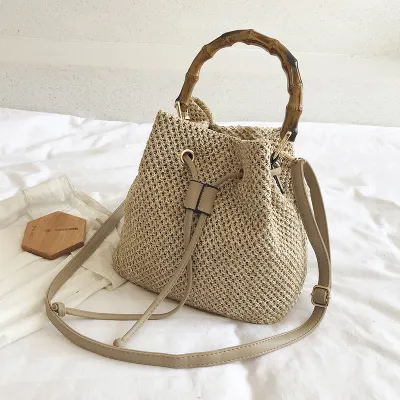 Women Fashion Summer Vintage Woven Drawstring Bucket Bag Shoulder Bag