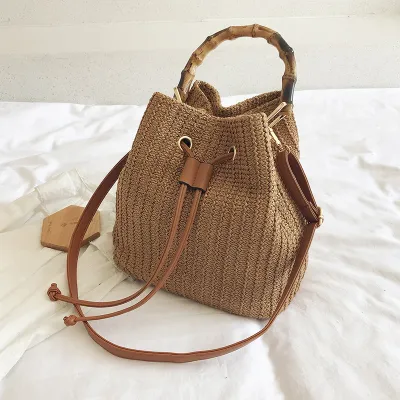 Women Fashion Summer Vintage Woven Drawstring Bucket Bag Shoulder Bag
