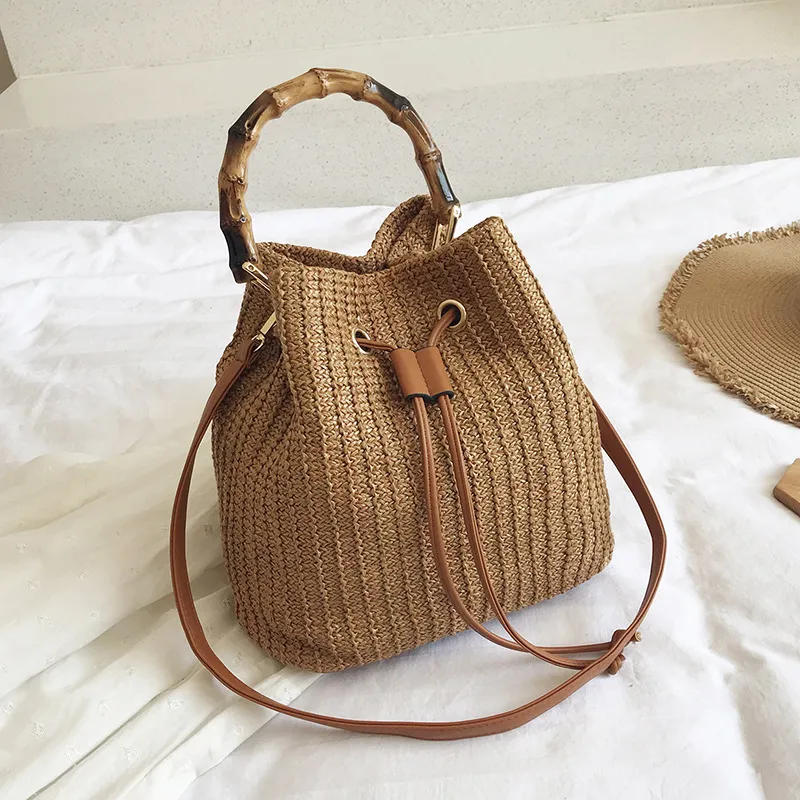 Women Fashion Summer Vintage Woven Drawstring Bucket Bag Shoulder Bag