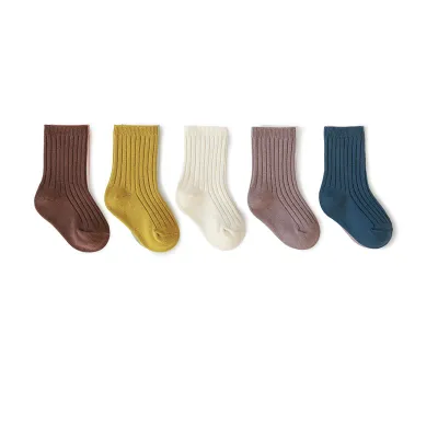 5 Pairs Combed Cotton Kids Solid Color Mid-Calf Socks Unisex