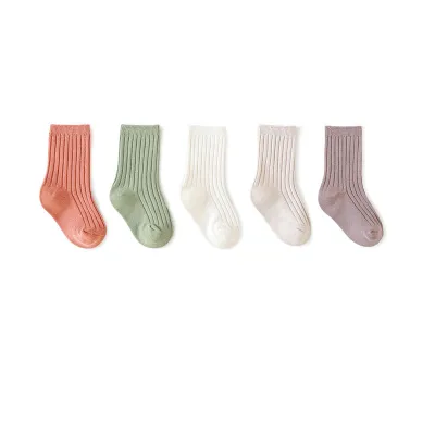 5 Pairs Combed Cotton Kids Solid Color Mid-Calf Socks Unisex