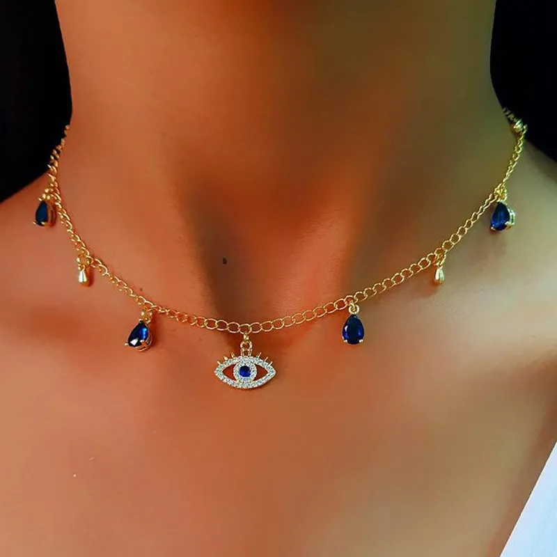 Creative Geometric Evil Eye Design Crystal Pendant Alloy Choker Necklace Women's