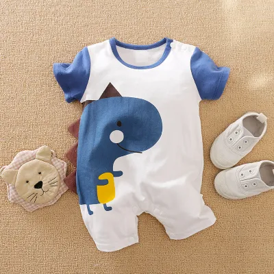 Baby Cute Cartoon Pattern Round Neck Short Sleeve Romper Cotton Lightweight Leisure Pullover Unisex 0-3T