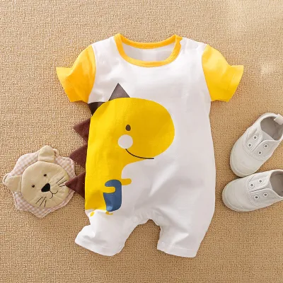 Baby Cute Cartoon Pattern Round Neck Short Sleeve Romper Cotton Lightweight Leisure Pullover Unisex 0-3T