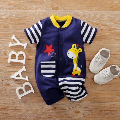 Baby Cute Cartoon Pattern Round Neck Short Sleeve Romper Cotton Lightweight Leisure Pullover Unisex 0-3T