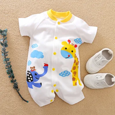 Baby Cute Cartoon Pattern Round Neck Short Sleeve Romper Cotton Lightweight Leisure Pullover Unisex 0-3T